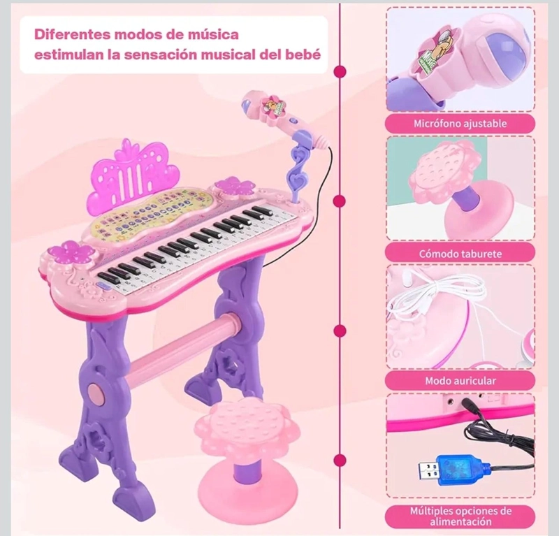 TECLADO PIANO MUSICAL CON MICROFONO Y SILLA PARA NIÑOS CON LUCES Y SONIDO - 4