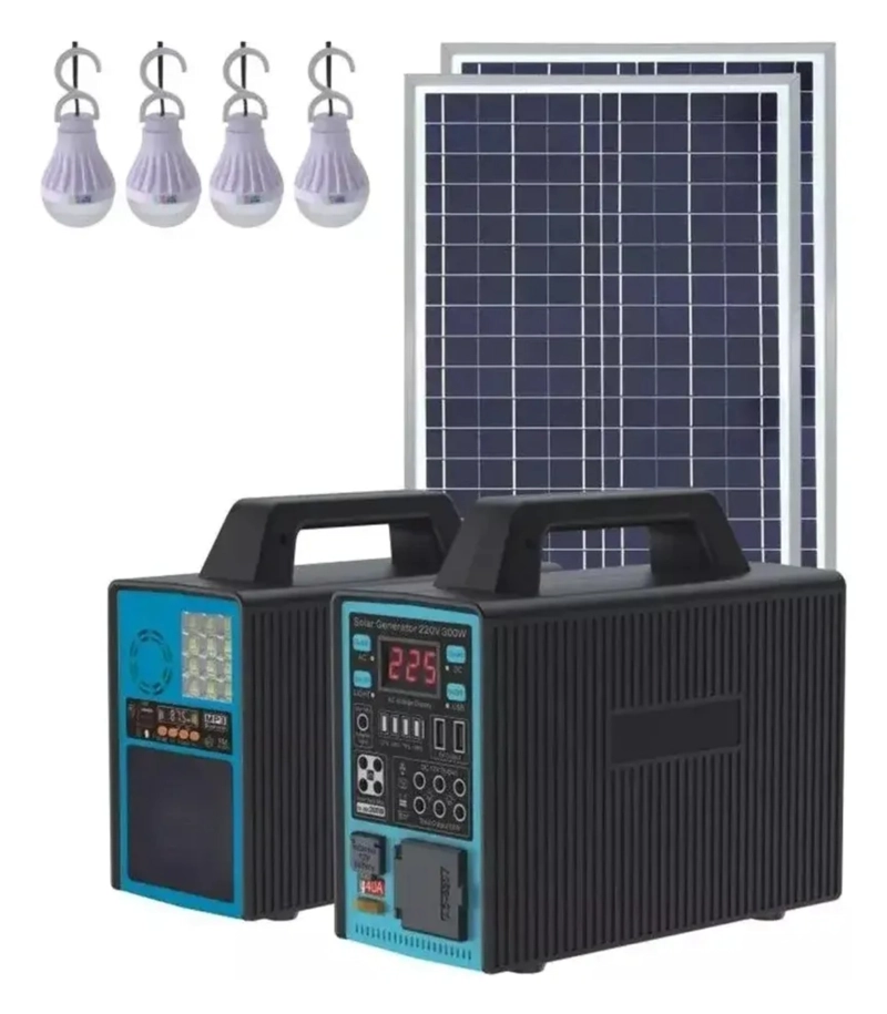 KIT GENERADOR SOLAR PORTATIL 300W  ESTACION DE ENERGIA CON PANEL BATERIA DE LITIO Y 4 AMPOLLETAS - 1