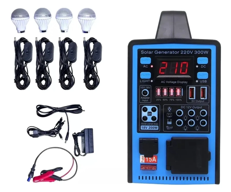 KIT GENERADOR SOLAR PORTATIL 300W  ESTACION DE ENERGIA CON PANEL BATERIA DE LITIO Y 4 AMPOLLETAS - 2