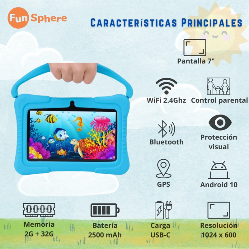 TABLET PARA NIÑOS 7' CON FUNDA DE SILICONA WIFI PLAYSTORE 2G-32G CONTROL PARENTAL FUN SPHERE - 5
