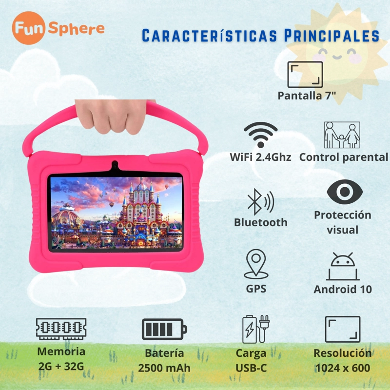 TABLET PARA NIÑOS 7' CON FUNDA DE SILICONA WIFI PLAYSTORE 2G-32G CONTROL PARENTAL FUN SPHERE - 5