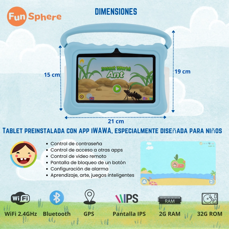 TABLET PARA NIÑOS 7' CON FUNDA DE SILICONA WIFI PLAYSTORE 2G-32G CONTROL PARENTAL FUN SPHERE - 8