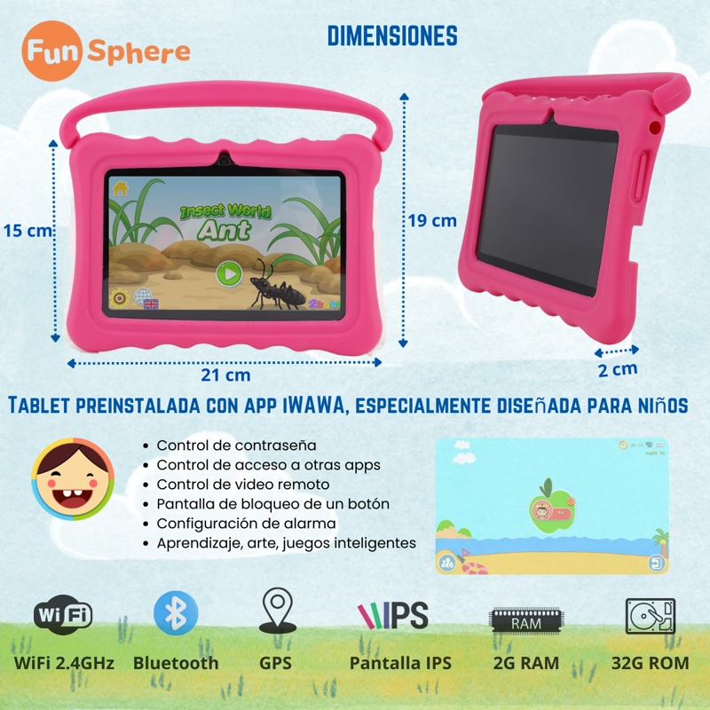 TABLET PARA NIÑOS 7' CON FUNDA DE SILICONA WIFI PLAYSTORE 2G-32G CONTROL PARENTAL FUN SPHERE - 8