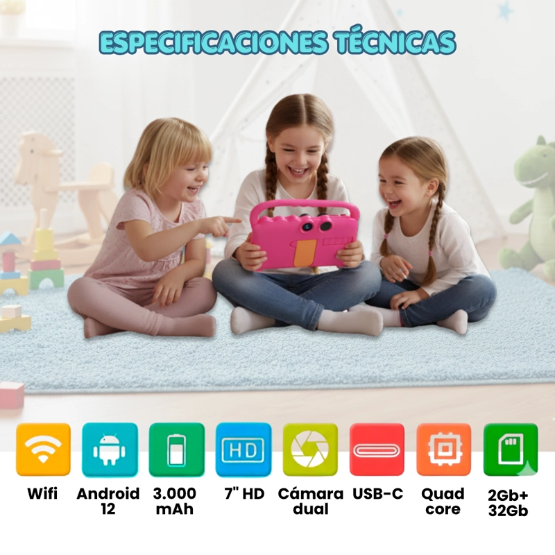TABLET PARA NIÑOS 7 PULGADAS 2G-32G CONTROL PARENTAL WIFI PLAYSTORE AT70K ROSA - 5
