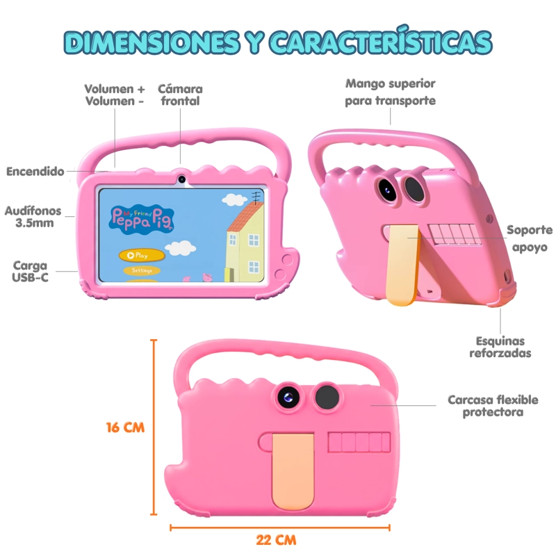 TABLET PARA NIÑOS 7 PULGADAS 2G-32G CONTROL PARENTAL WIFI PLAYSTORE AT70K ROSA - 6