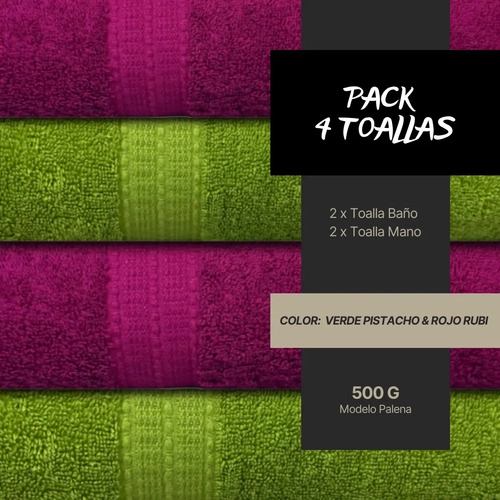 PACK 4 TOALLAS CHITECO 100 ALGOD N 500G BA O MANOS COLORES RUBI Y VERDE - 2