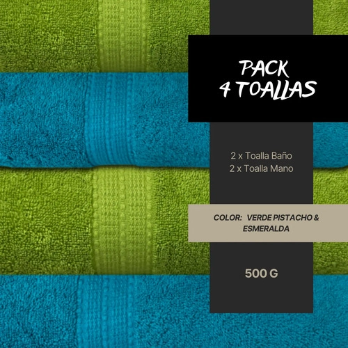 PACK 4 TOALLAS CHITECO 100 ALGOD N 500G BA O MANOS COLORES VERDE PISTACHO Y ESMERALDA - 2