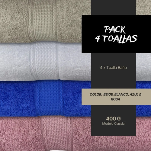 PACK 4 TOALLAS DE BAÑO CHITECO 100 ALGODON 400G COLORES 135 X 70 CM ROSA BEIGE AZUL Y BLANCO - 2