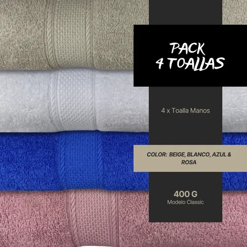 PACK 4 TOALLAS CHITECO ALGODON 400G MANOS 80X45 CM COLORES BEIGE ROSA BLANCO Y AZUL - 2