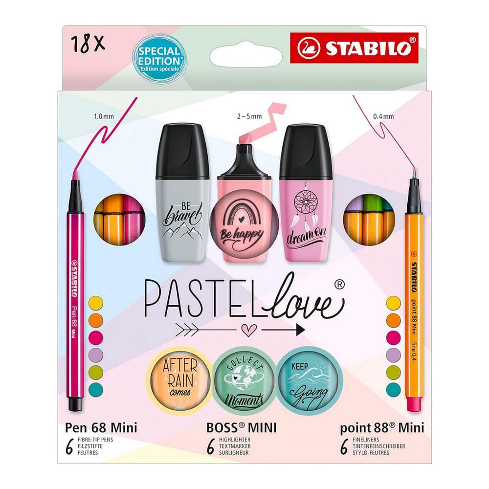 SET DE 18 STABILO PASTEL LOVE (6 MINI PEN 68 + 6 MINI BOSS + 6 MINI POINT 88) – SPECIAL EDITION - 1