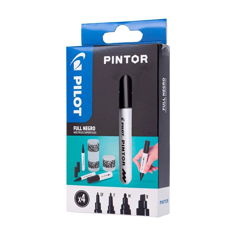 SET PINTOR 4 PUNTAS NEGRO EXTRA FINA, FINA, MEDIA Y BISELADA PILOT - 1