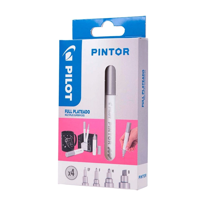 SET PINTOR 4 PUNTAS PLATEADO EXTRA FINA, FINA, MEDIA Y BISELADA PILOT - 1