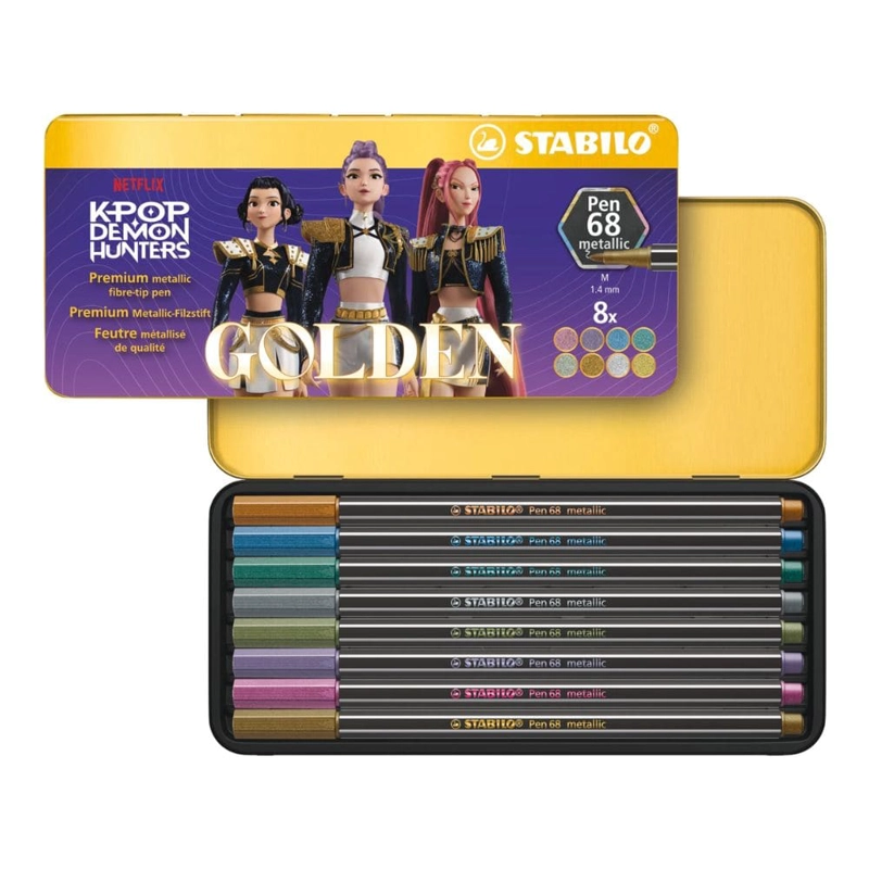 SET DE 8 MARCADORES STABILO PEN 68 METALICOS EN ESTUCHE METALICO K-POP DEMON HUNTERS - 1