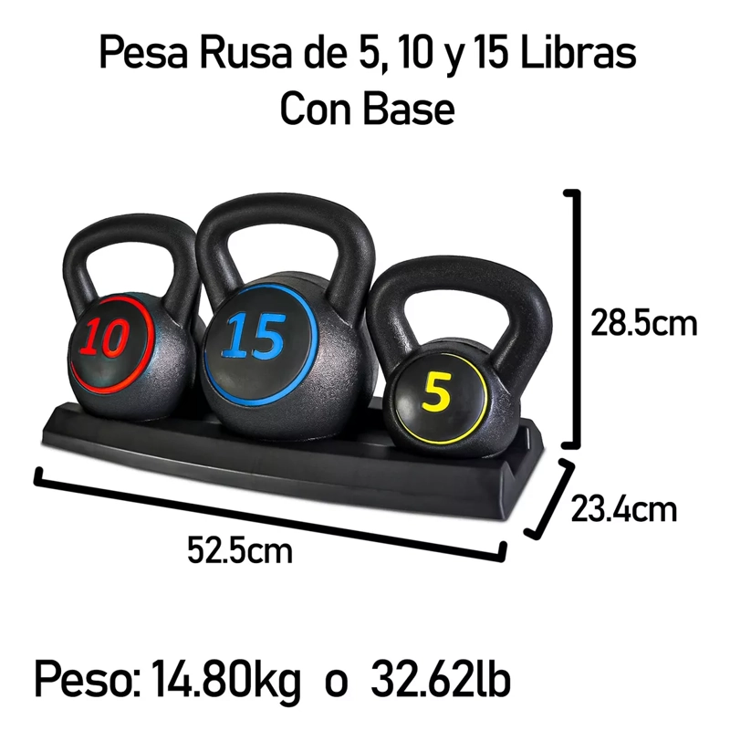 KETTLEBELL SET 3 PESAS RUSAS 2.5/4.5/7 KG CON BASE BOOMFIT - 3