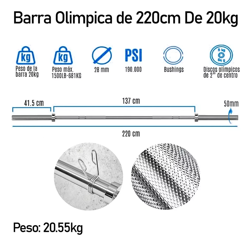 BARRA OLÍMPICA PROFESIONAL DE COMPETICIÓN 2.20M 20KG BOOMFIT - 2