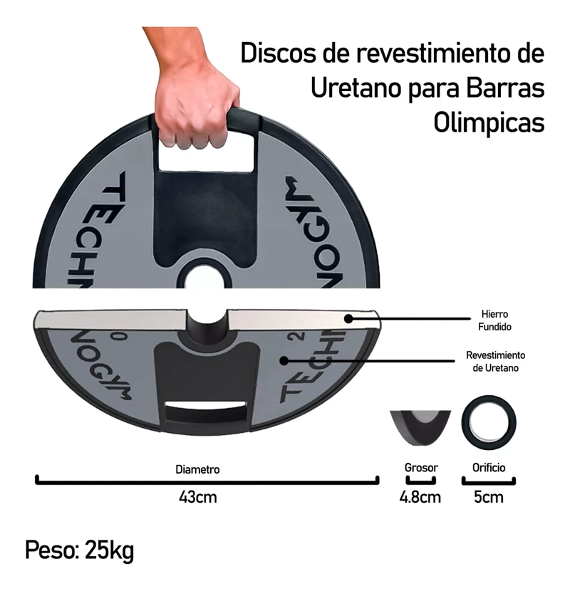 DISCO OLÍMPICO 25KG PARA PESAS BARRAS PROFESIONAL ENGOMADO - 2