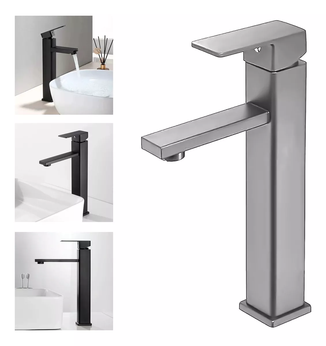 LLAVE LAVAMANOS ALTA GRIFO MONOMANDO ACERO INOXIDABLE PLATA - 1