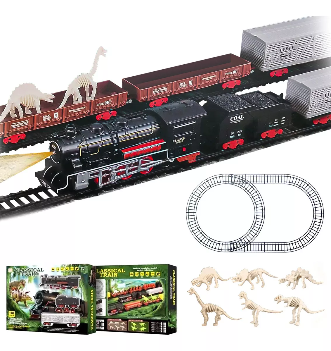 JUGUETE TREN Y DINOSAURIO ELECTRICO 32 PCS VAGONES RIELES - 1
