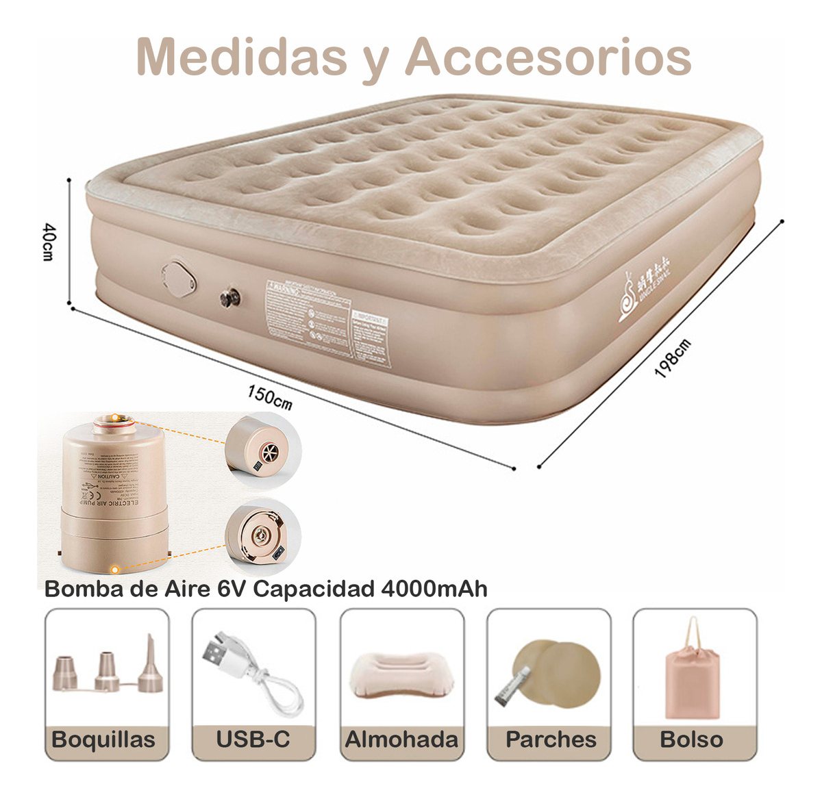 COLCHON INFLABLE BOMBA RECARGABLE CAMA 2 PLAZAS 45CM - 3