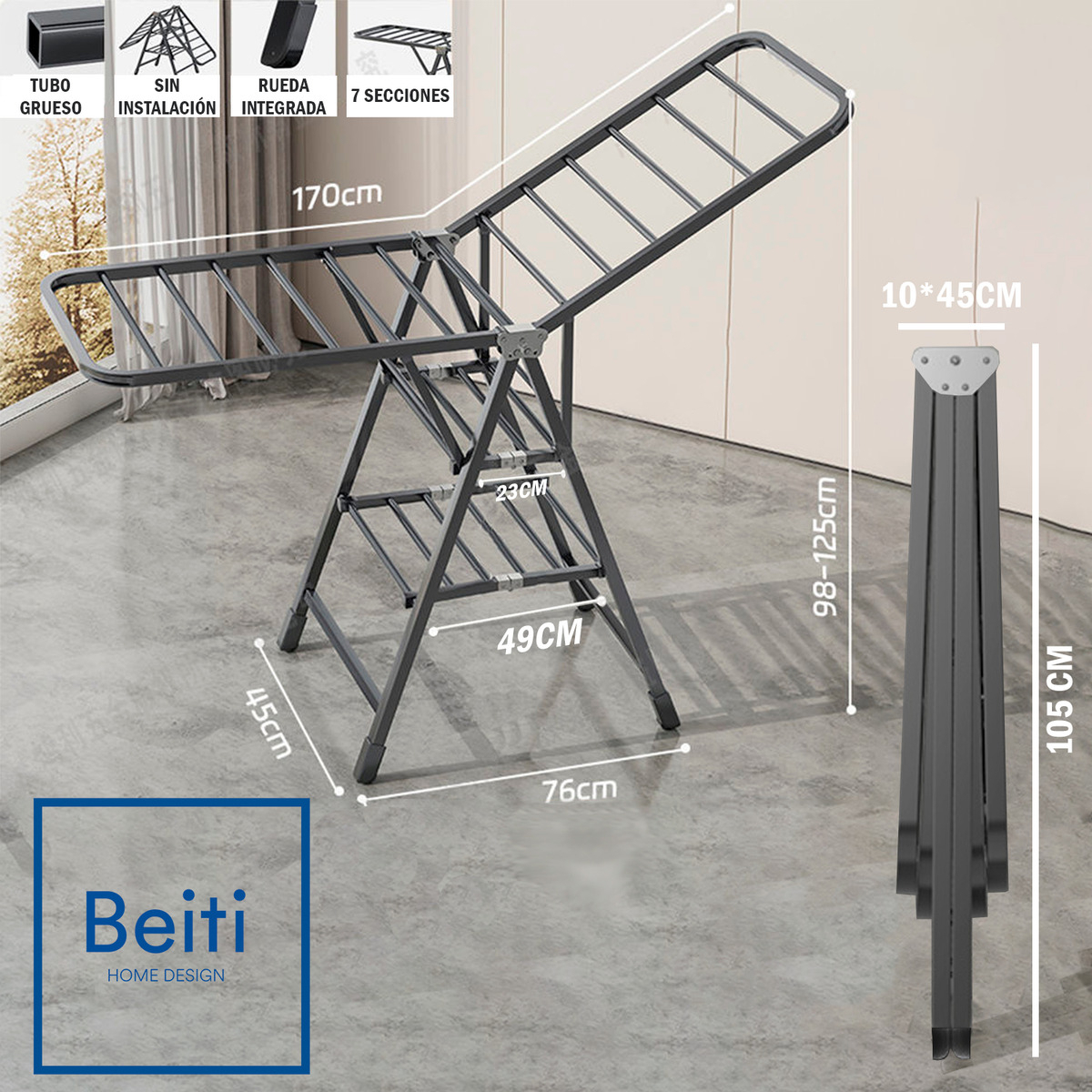TENDEDERO PLEGABLE PREMIUM BEITI ACERO INOX 170CM 50KG - 4