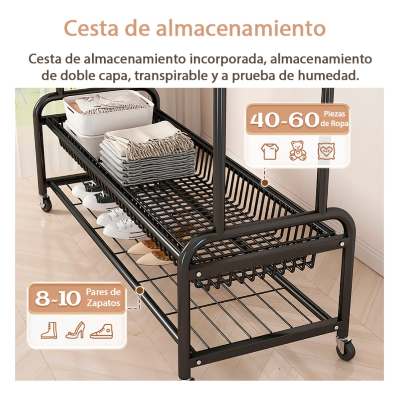 PERCHERO ORGANIZADOR COLGANTE DE ROPA DOBLE CON RUEDAS 120CM - 4
