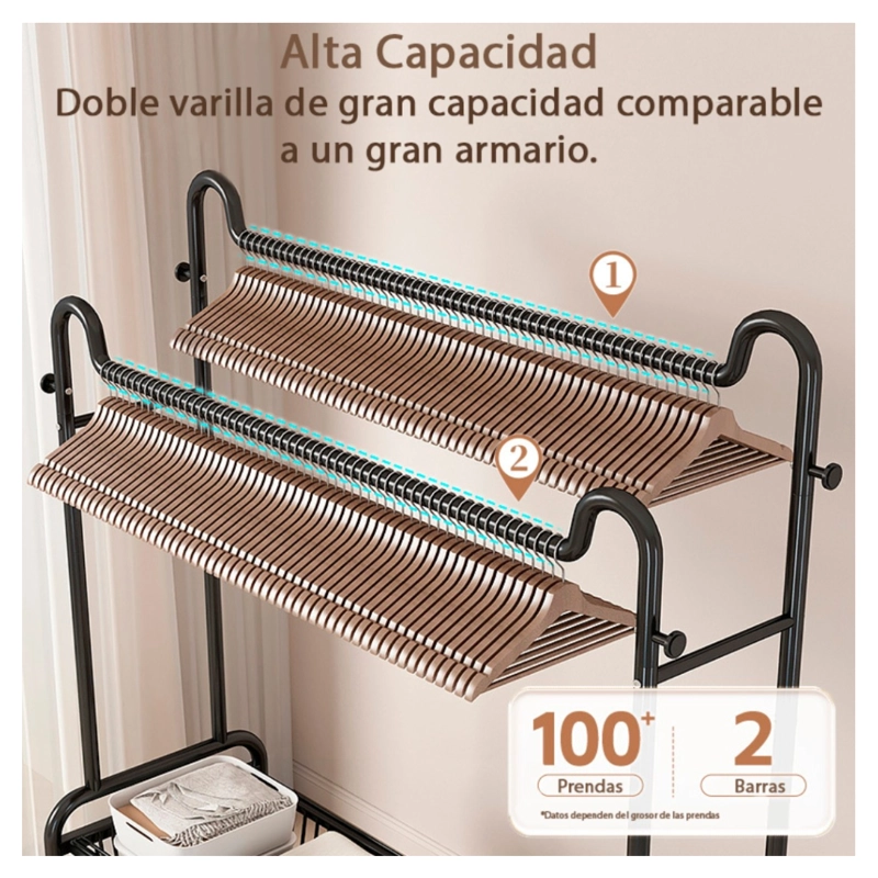 PERCHERO ORGANIZADOR COLGANTE DE ROPA DOBLE CON RUEDAS 120CM - 7