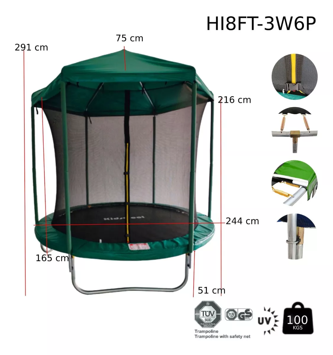 CAMA ELÁSTICA KIDSCOOL HI8FT-3W6P CON TECHO 8 PIES VERDE - 2