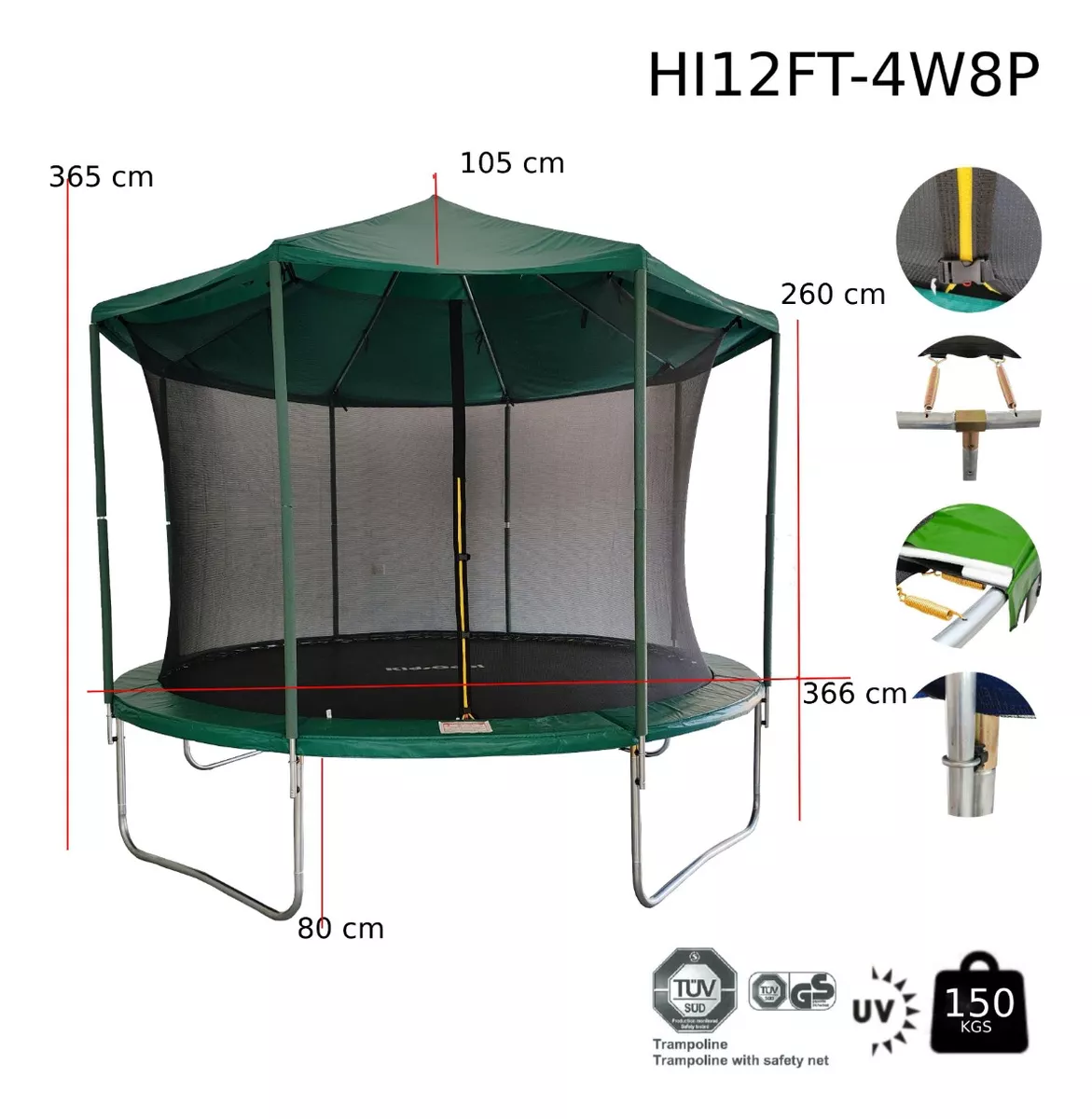 CAMA ELÁSTICA CON TECHO 12 PIES VERDE - KIDSCOOL - HI12FT-4W8P - 2
