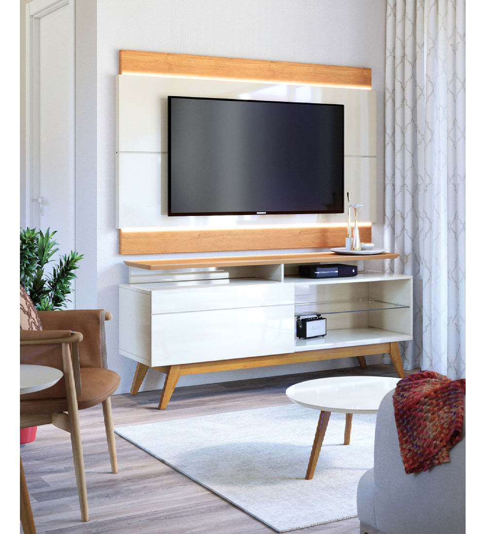 RACK TV BE DESIGN STAND MDP BLANCO CLASSIC PLUS 1 CAJON CARAMELO 1.4M - 3