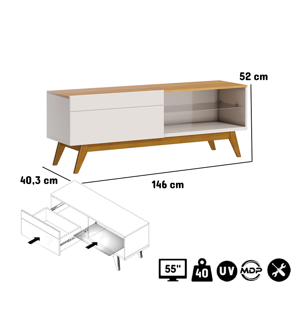 RACK TV BE DESIGN STAND MDP BLANCO CLASSIC 12633 1.4 CAJON CARAMELO - 3