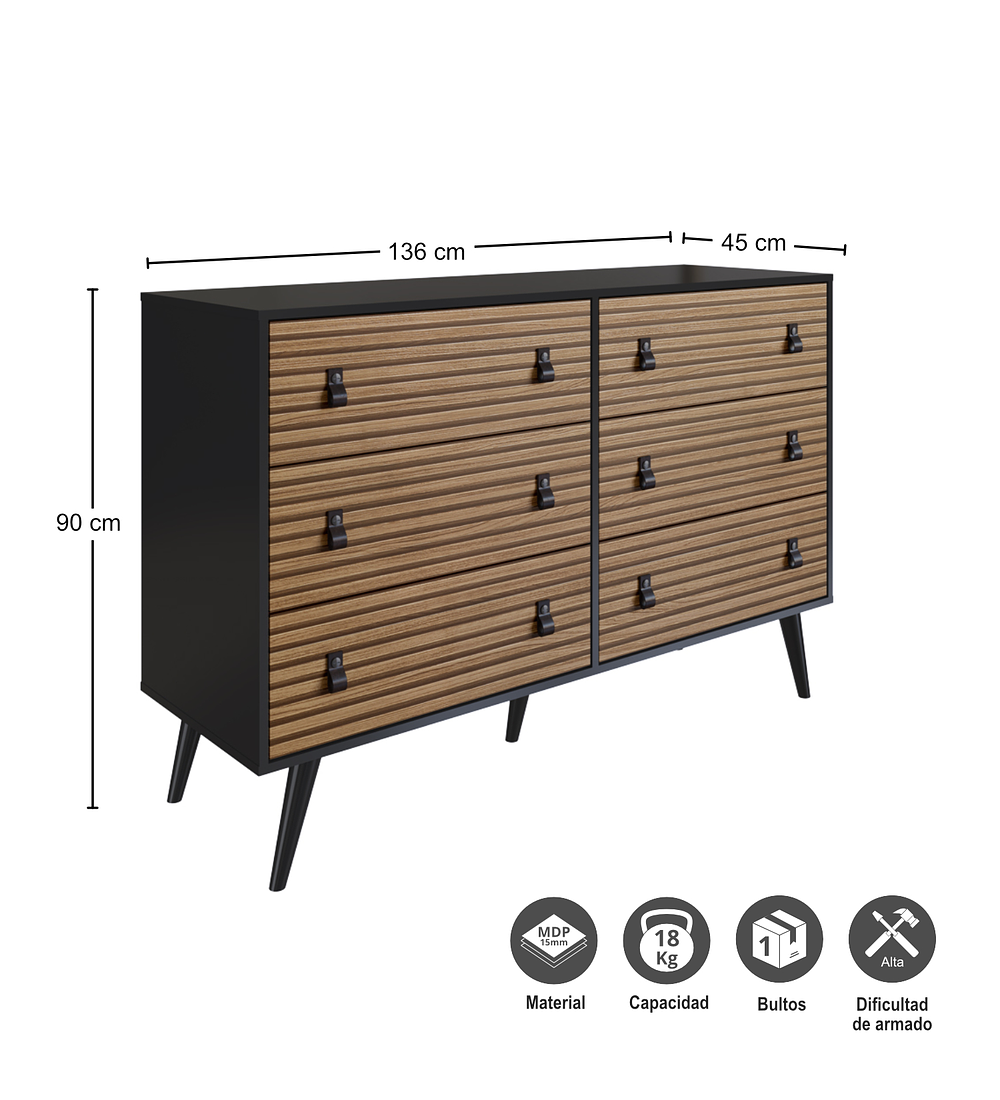 CÓMODA BE DESIGN AMBER MDP 6 CAJONES NEGRO MATE BRISE - 2
