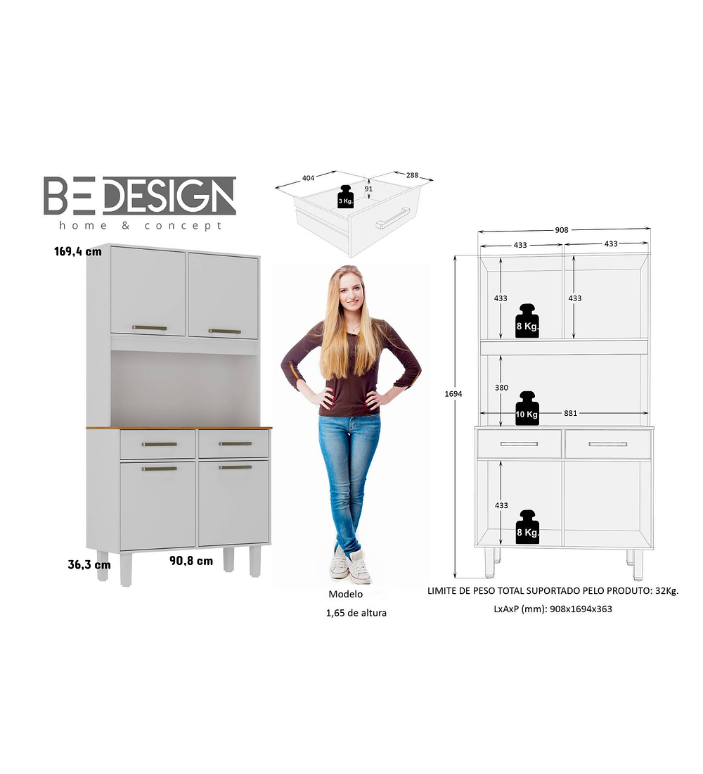 KIT BE DESIGN POP PLUS COCINA 4 PUERTAS 2 CAJONES BLANCO ZANZINI MDP - 4