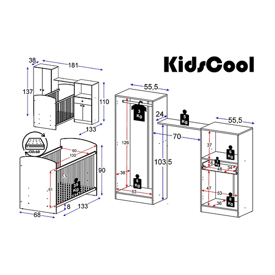 CUNA KIDSCOOL TOY BABY BLANCO + COMODA + CLOSET TOP BABY - 5