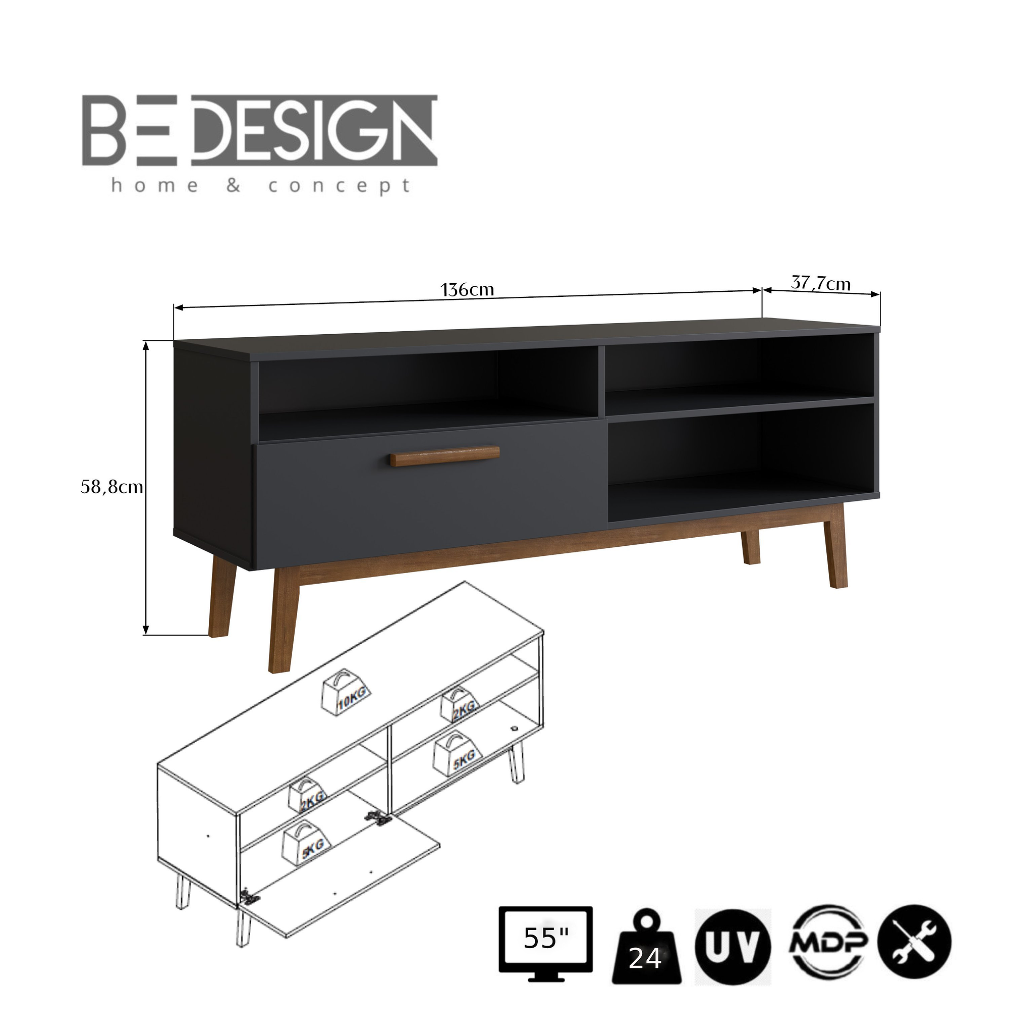 RACK CON 3 ESPACIOS Y PUERTA PARA TV 55' NEGRO EMOVELL - 3