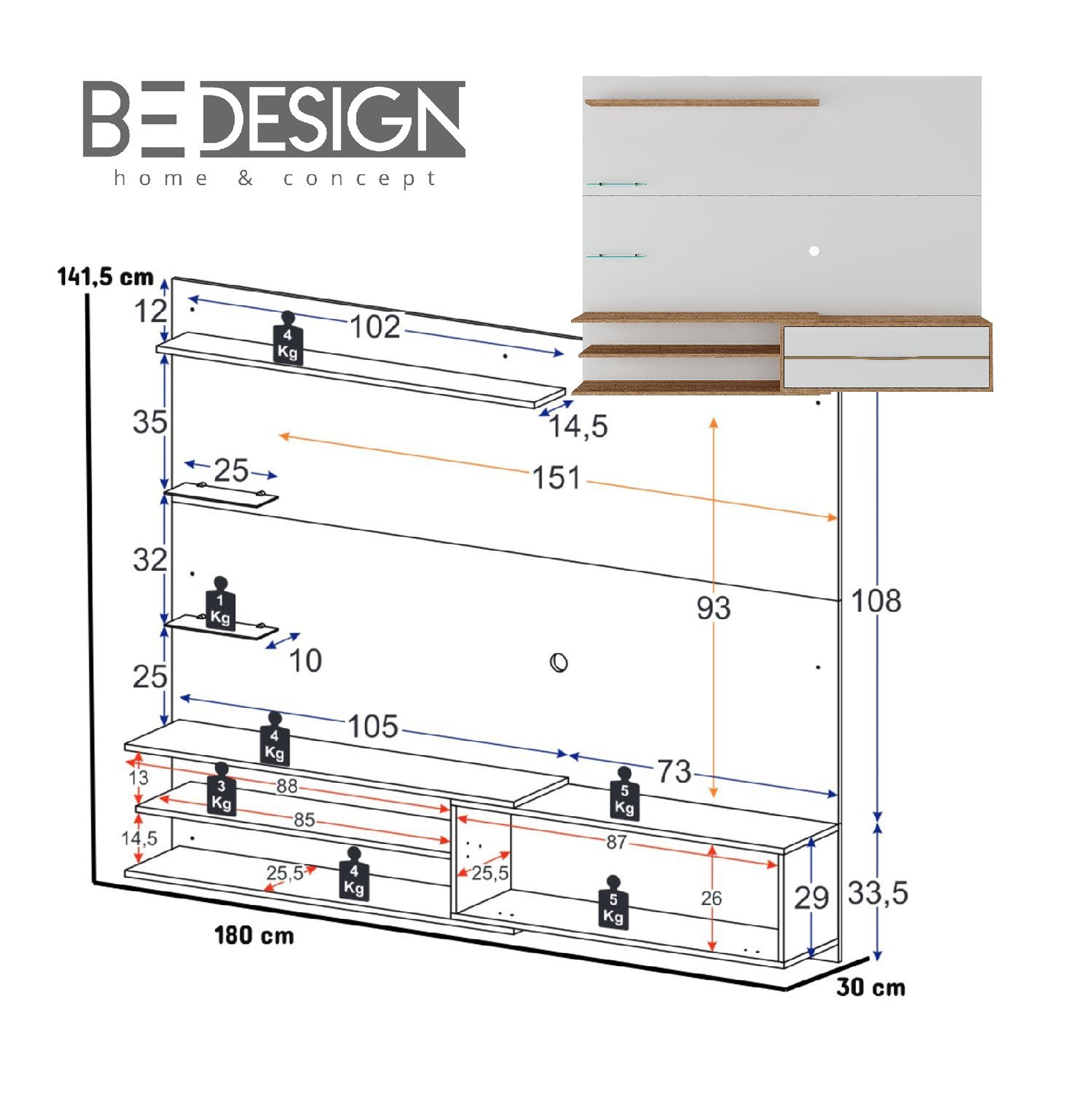 RACK PARED BE65' EN COLOR BLANCO MIEL - 6