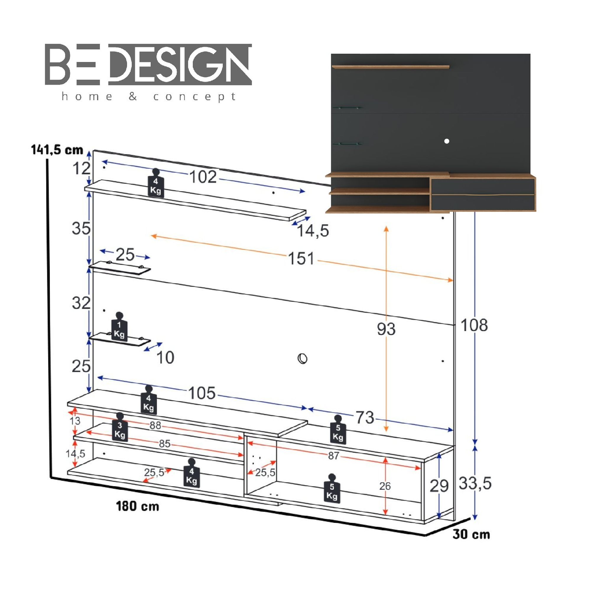 RACK PARED BE65' EN COLOR NEGRO MIEL - 6