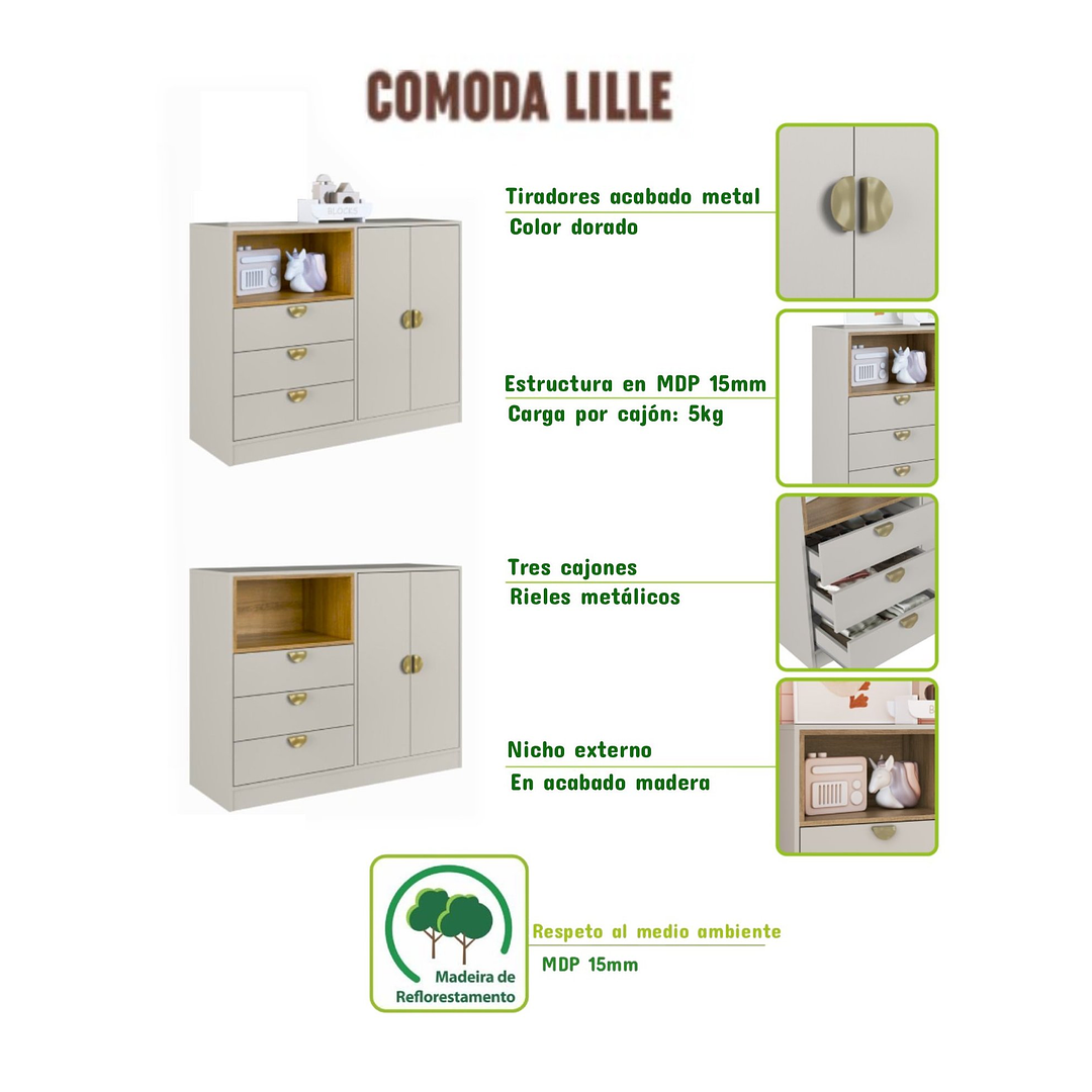 COMODA 3 CAJONES Y 2 PUERTAS CARIÑO ARENA - 5