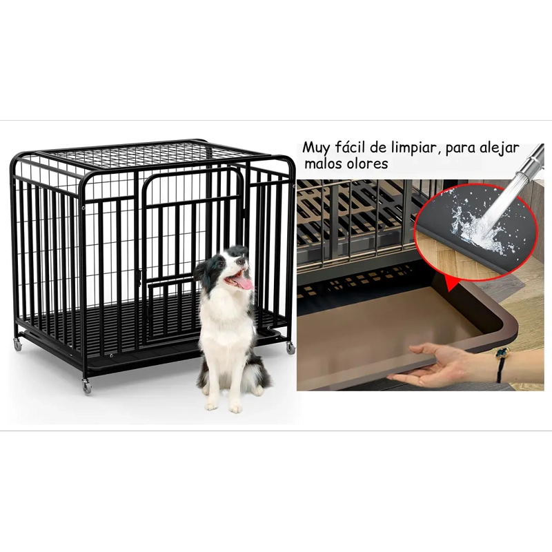 JAULA CORRAL PARA PERROS Y GATOS GRANDE, DOBLE PUERTA, BANDEJA Y RUEDAS - 3