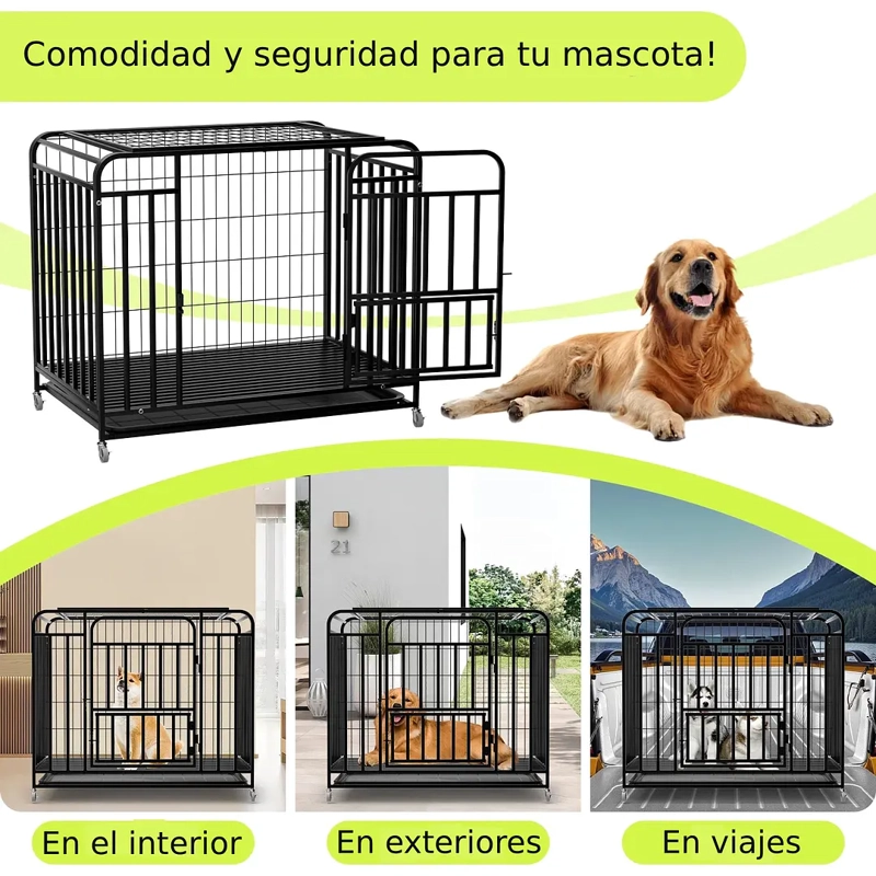 JAULA CORRAL PARA PERROS Y GATOS GRANDE, DOBLE PUERTA, BANDEJA Y RUEDAS - 5