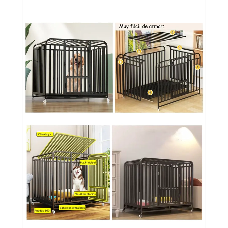 JAULA CORRAL PARA PERROS Y GATOS GRANDE, DOBLE PUERTA, BANDEJA Y RUEDAS - 6