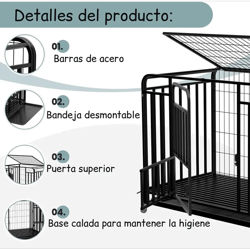 JAULA CORRAL PARA PERROS Y GATOS GRANDE, DOBLE PUERTA, BANDEJA Y RUEDAS - 7