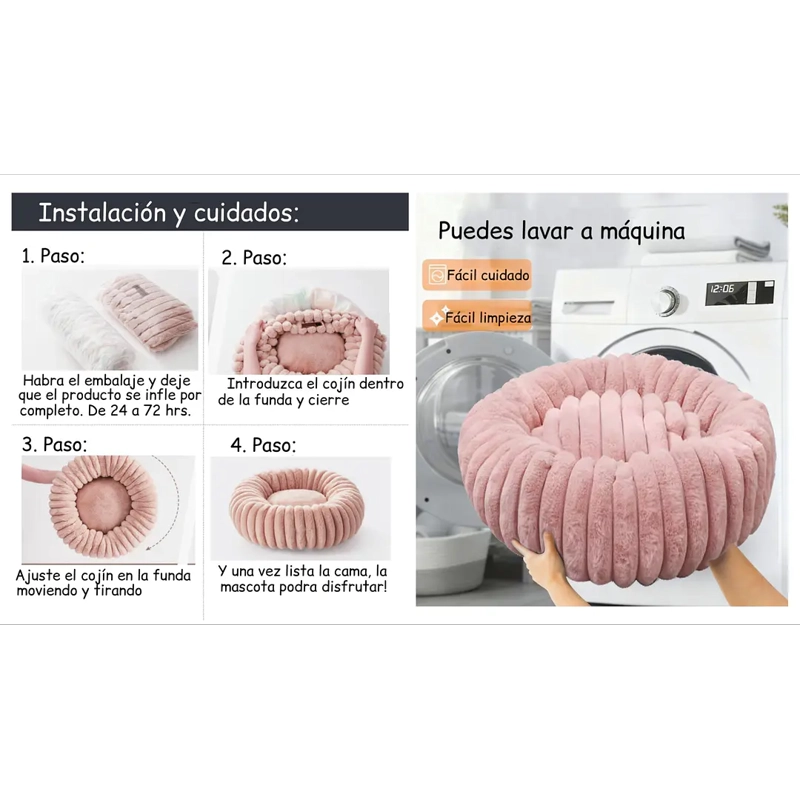 CAMA NIDO DONUT ANTI ANSIEDAD TALLA L PETSCOOL ROSA 70CM - 6