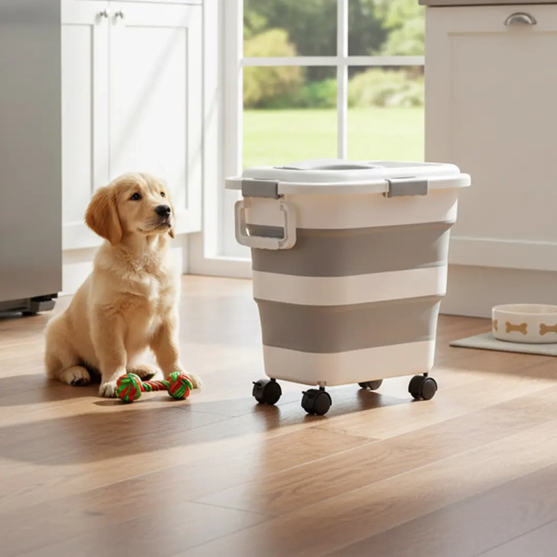 CONTENEDOR PLEGABLE ALIMENTO PETSCOOL 8 KG GRIS CON RUEDAS - 4