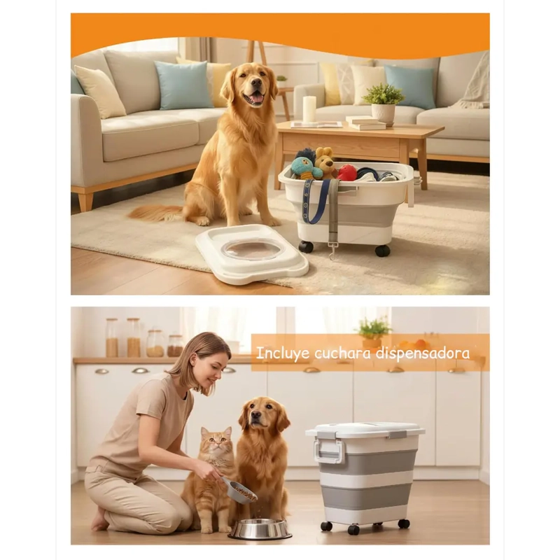 CONTENEDOR PLEGABLE ALIMENTO PETSCOOL 8 KG GRIS CON RUEDAS - 6