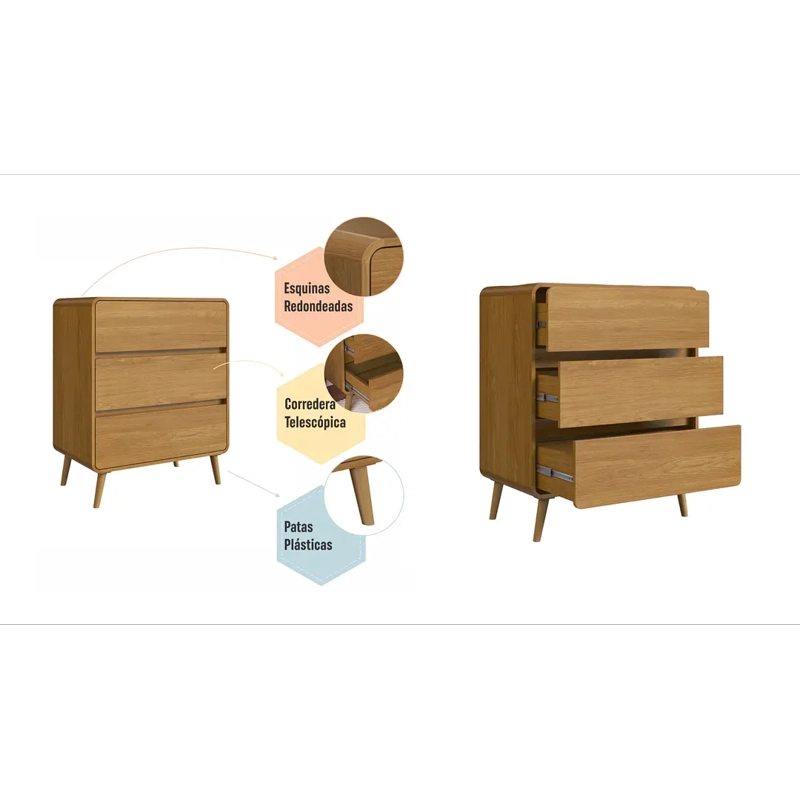 COMODA RETRO 3 CAJONES ROBLE - 2