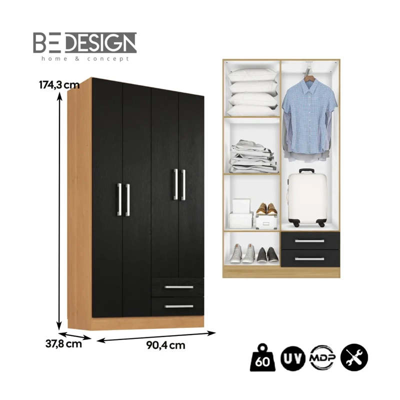 CLOSET ROPERO MULTIFUNCIONAL 2 CAJONES Y 4 PUERTAS CANELA NEGRO - 6
