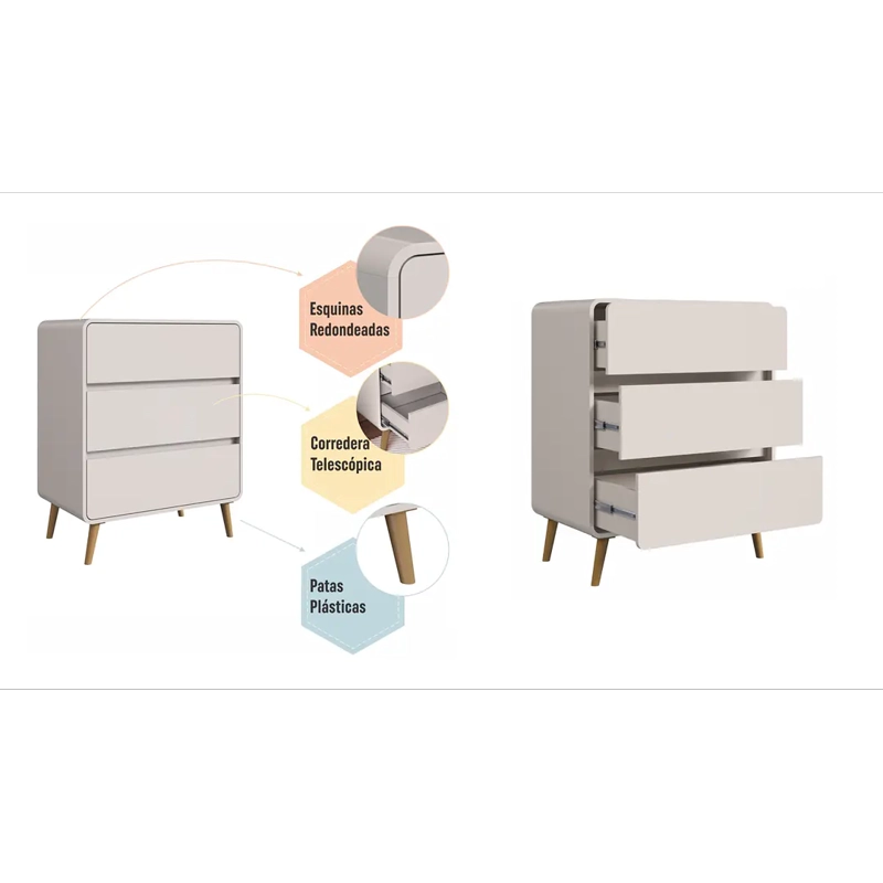 COMODA RETRO 3 CAJONES BEIGE - 2