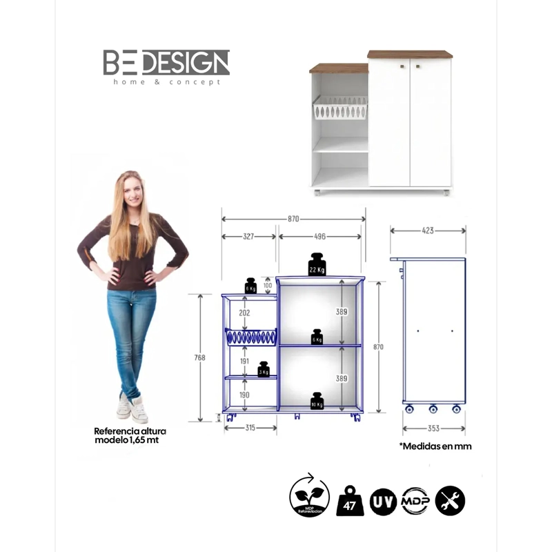 MUEBLE AUXILIAR DE COCINA CON RUEDAS BLANCO - 6