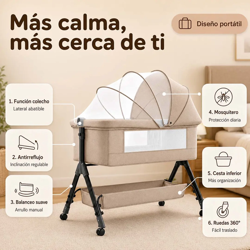 CUNA COLECHO PLEGABLE ANTIRREFLUJO Y BALANCEO BEIGE - 3