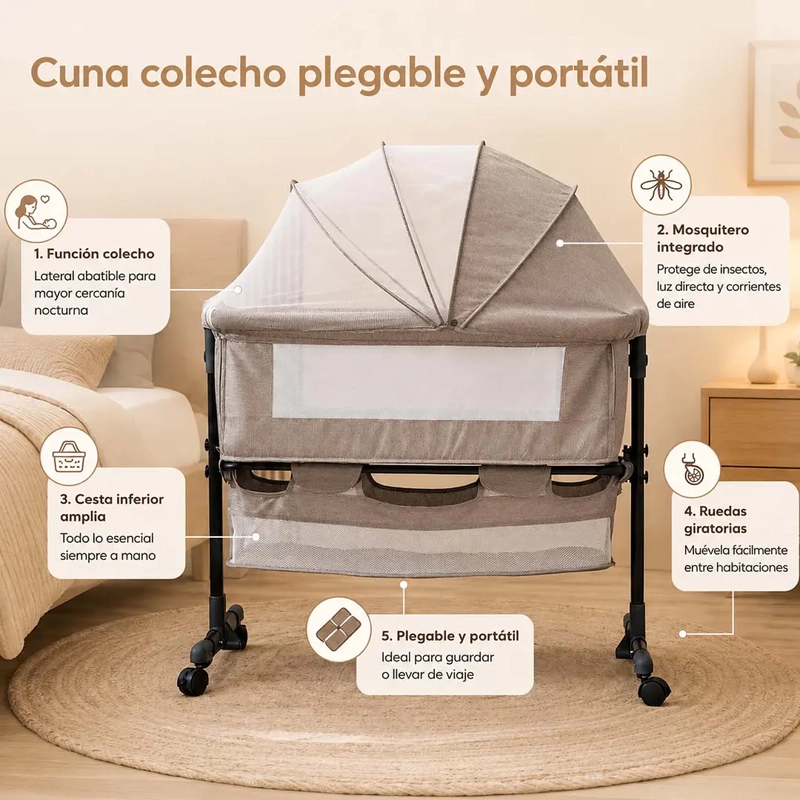 CUNA COLECHO PLEGABLE CON MOSQUITERO BEIGE - 4